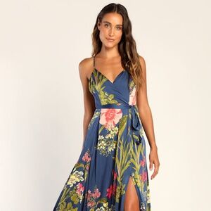 Lulus Still The One Blue Floral Print Satin Maxi Dress - Size L